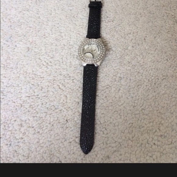 Dufonte Swarovski Silver Crystal Sun Face Black Leather Water Resistant Watch - Picture 5 of 9